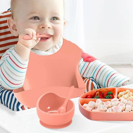 Set 5 piese diversificare bebelusi si copii din silicon Flippy, baveta, farfurie compartimentata cu ventuza, bol cu ventuza, tac