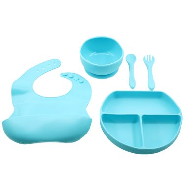 Set 5 piese diversificare bebelusi si copii din silicon Flippy, baveta, farfurie compartimentata cu ventuza, bol cu ventuza, tac
