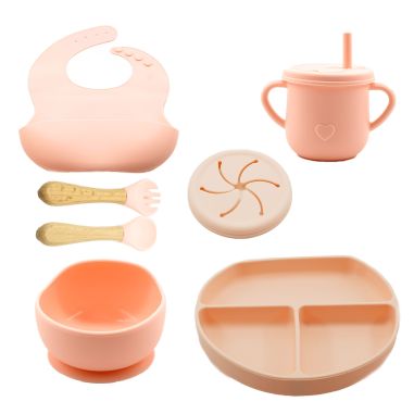 Set 8 piese diversificare bebelusi si copii din silicon Flippy, baveta, farfurie compartimentata cu ventuza, bol cu ventuza, tac