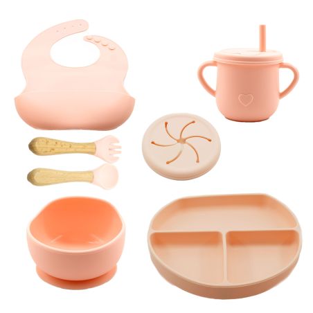 Set 8 piese diversificare bebelusi si copii din silicon Flippy, baveta, farfurie compartimentata cu ventuza, bol cu ventuza, tac