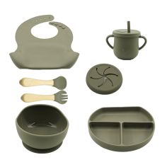Set 8 piese diversificare bebelusi si copii din silicon Flippy, baveta, farfurie compartimentata cu ventuza, bol cu ventuza, tac