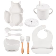 Set 10 piese diversificare bebelusi si copii din silicon Flippy, baveta, farfurie compartimentata cu ventuza, bol cu ventuza, ta