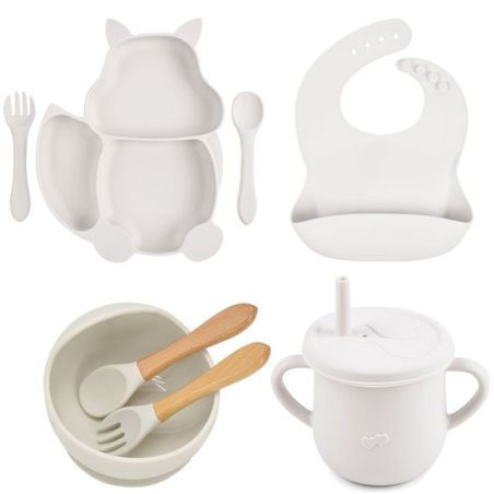 Set 10 piese diversificare bebelusi si copii din silicon Flippy, baveta, farfurie compartimentata cu ventuza, bol cu ventuza, ta