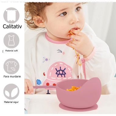 Set 10 piese diversificare bebelusi si copii din silicon Flippy, baveta, farfurie compartimentata cu ventuza, bol cu ventuza, ta