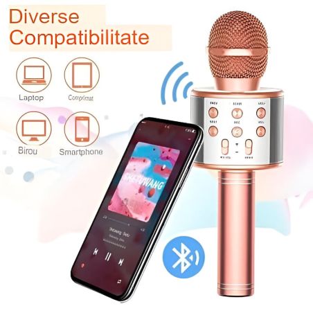 Microfon Karaoke, Flippy, pentru Copii, Bluetooth, Boxa Incorporata, Compatibil cu Orice Smartphone, Acumulator Integrat, Multif