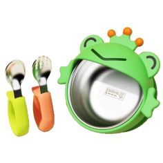 Set 3 Piese Diversificare Bebelusi si Copii, Flippy, Bol, Lingura si Furculita, Model Broscuta, din Silicon si Otel Inoxidabil, 