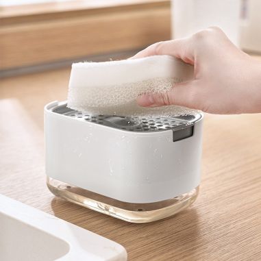 Dozator Flippy, Dispenser 2 in 1 pentru Detergent Lichid de Vase sau pentru Obiecte Sanitare cu Suport pentru Burete de Bucatari