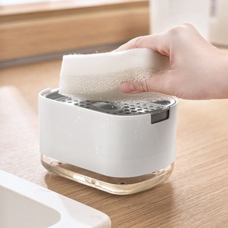 Dozator Flippy, Dispenser 2 in 1 pentru Detergent Lichid de Vase sau pentru Obiecte Sanitare cu Suport pentru Burete de Bucatari