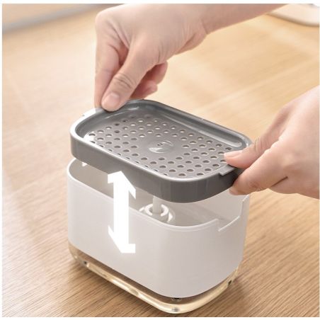 Dozator Flippy, Dispenser 2 in 1 pentru Detergent Lichid de Vase sau pentru Obiecte Sanitare cu Suport pentru Burete de Bucatari