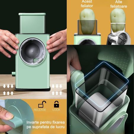 Feliator manual pentru legume Flippy, 3 lame din otel inxodabil, 3 tipuri de feliere, material carcasa ABS, latime maxima felier