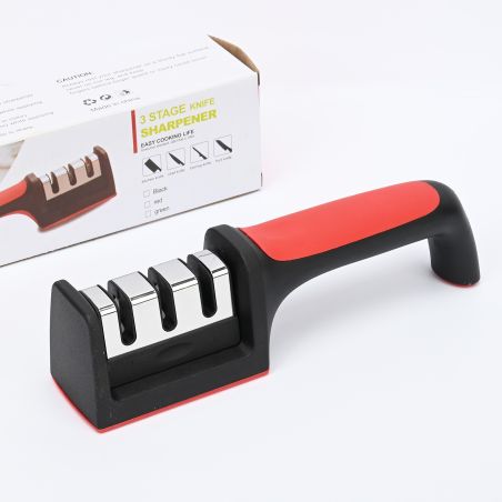 Dispozitiv pentru ascutit cutite Flippy, cu 3 pozitii, rosu/negru, material inox si ABS, 21.5x5x6 cm