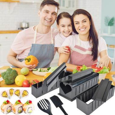 Set ustensile pentru facut sushi Flippy, 10 piese, forma inima inclus, 3 forme clasice, extensibil, finisaj lucios, material ABS