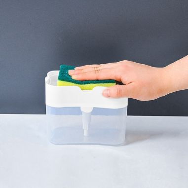 Dozator Flippy, Dispenser 2 in 1 pentru Detergent Lichid de Vase sau pentru Obiecte Sanitare cu Suport pentru Burete de Bucatari