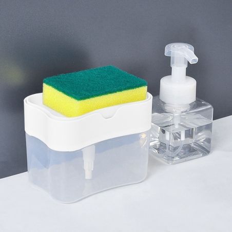 Dozator Flippy, Dispenser 2 in 1 pentru Detergent Lichid de Vase sau pentru Obiecte Sanitare cu Suport pentru Burete de Bucatari