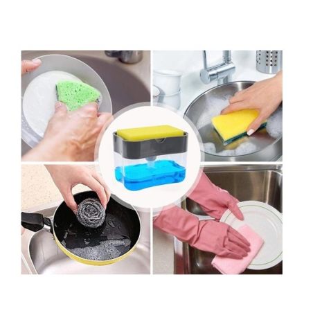 Dozator Flippy, Dispenser 2 in 1 pentru Detergent Lichid de Vase sau pentru Obiecte Sanitare cu Suport pentru Burete de Bucatari