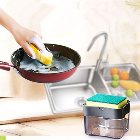 Dozator Flippy, Dispenser 2 in 1 pentru Detergent Lichid de Vase sau pentru Obiecte Sanitare cu Suport pentru Burete de Bucatari
