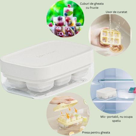 Forma pentru gheata cu presa Flippy, din silicon alimentar, 6 cuburi, caserola pentru depozitare, usor de folosit si curatat, 10