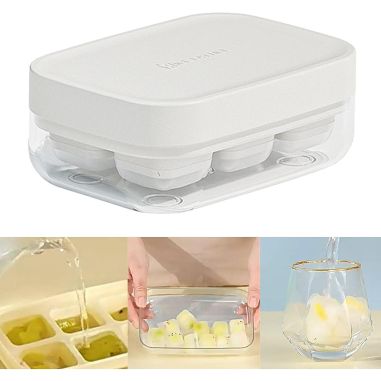 Forma pentru gheata cu presa Flippy, din silicon alimentar, 6 cuburi, caserola pentru depozitare, usor de folosit si curatat, 10