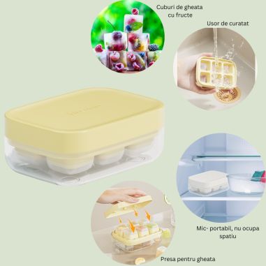 Forma pentru gheata cu presa Flippy, din silicon alimentar, 6 cuburi, caserola pentru depozitare, usor de folosit si curatat, 10