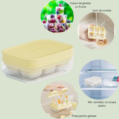 Forma pentru gheata cu presa Flippy, din silicon alimentar, 6 cuburi, caserola pentru depozitare, usor de folosit si curatat, 10
