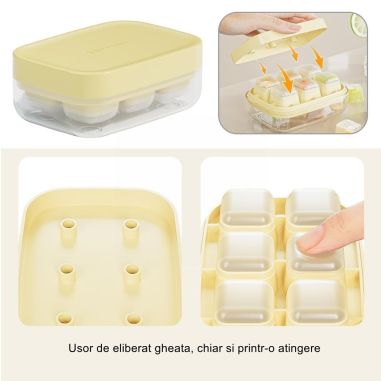 Forma pentru gheata cu presa Flippy, din silicon alimentar, 6 cuburi, caserola pentru depozitare, usor de folosit si curatat, 10
