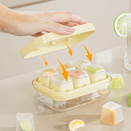 Forma pentru gheata cu presa Flippy, din silicon alimentar, 6 cuburi, caserola pentru depozitare, usor de folosit si curatat, 10