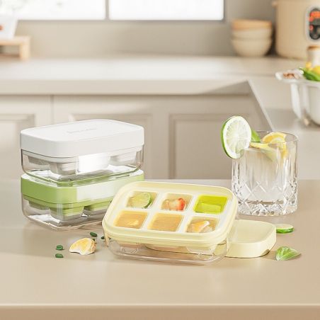 Forma pentru gheata cu presa Flippy, din silicon alimentar, 6 cuburi, caserola pentru depozitare, usor de folosit si curatat, 10