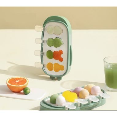 Forma pentru inghetata Flippy, 4 compartimente, forme cu animalute, materialsilicon si ABS, 21 x 12.8 x 3cm, verde