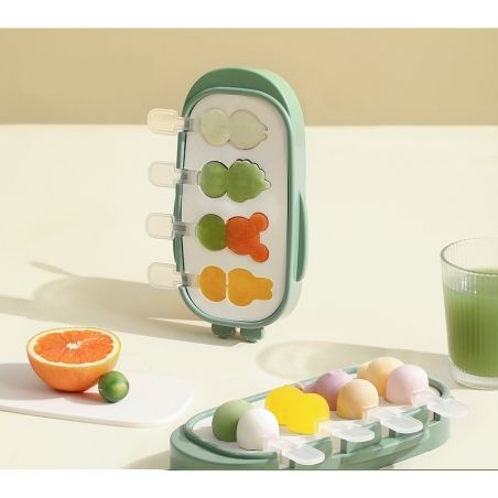 Forma pentru inghetata Flippy, 4 compartimente, forme cu animalute, materialsilicon si ABS, 21 x 12.8 x 3cm, verde