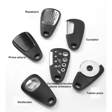 Set 6 in 1 mini ustensile bucatarie Flippy, taietor pizza, cutit, curatator, razatoare, desfacator, presa usturoi, manere din AB