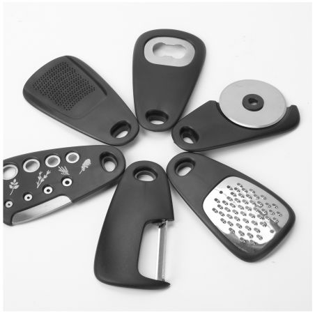 Set 6 in 1 mini ustensile bucatarie Flippy, taietor pizza, cutit, curatator, razatoare, desfacator, presa usturoi, manere din AB