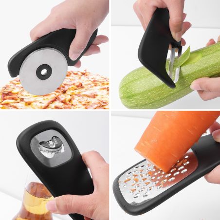 Set 6 in 1 mini ustensile bucatarie Flippy, taietor pizza, cutit, curatator, razatoare, desfacator, presa usturoi, manere din AB