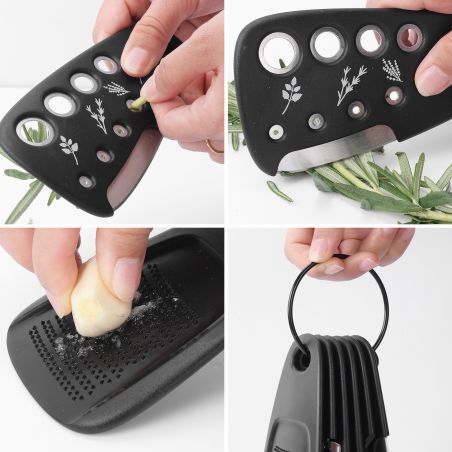 Set 6 in 1 mini ustensile bucatarie Flippy, taietor pizza, cutit, curatator, razatoare, desfacator, presa usturoi, manere din AB