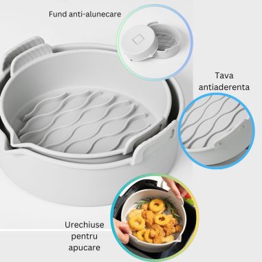 Set 2 tavi din silicon ecologic pentru air fryer Flippy, temperatura maxima 230 grade, reutilizabile, reciclabile, cu manere ant