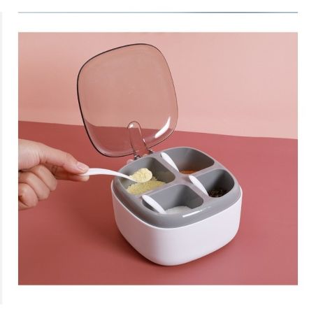 Recipient pentru condimente Flippy, 4 casute, potrivit pentru sare, cimbru, piper, condimente, 4 lingurite din plastic, capac di