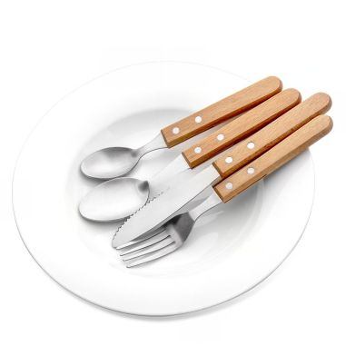 Set 4 tacamuri pentru masa Flippy, otel 304, lingura, lingurita desert, cutit, furculita, maner din lemn de fag, 20 x 4 x 2 cm, 