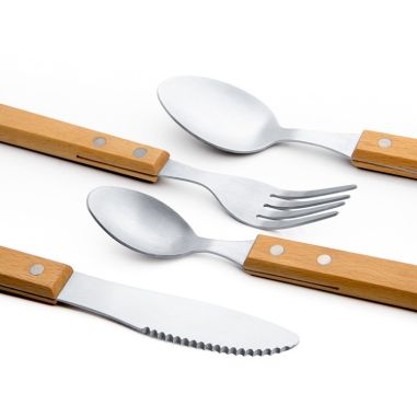 Set 4 tacamuri pentru masa Flippy, otel 304, lingura, lingurita desert, cutit, furculita, maner din lemn de fag, 20 x 4 x 2 cm, 