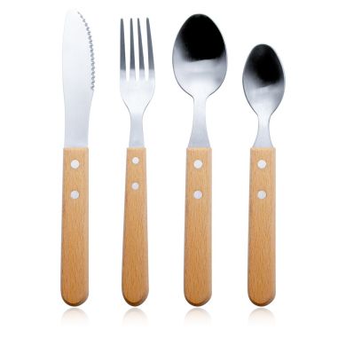 Set 4 tacamuri pentru masa Flippy, otel 304, lingura, lingurita desert, cutit, furculita, maner din lemn de fag, 20 x 4 x 2 cm, 