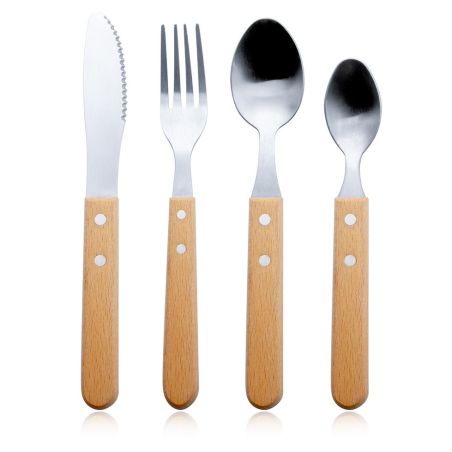 Set 4 tacamuri pentru masa Flippy, otel 304, lingura, lingurita desert, cutit, furculita, maner din lemn de fag, 20 x 4 x 2 cm, 