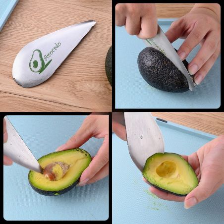 Taietor special pentru avocado Flippy, 3 in 1, forma curbata, zimti pentru apucare si taiere, din otel inoxidabil, 15 x 6 cm, gr