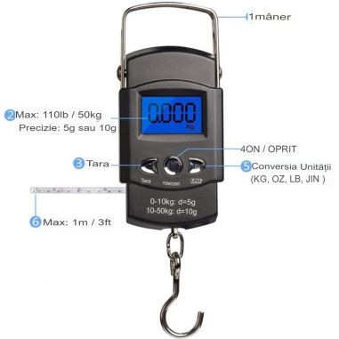 Cantar Digital de Mana cu Carlig, Flippy, Cantar Portabil, Pescuit, cu Maner, Capacitate 50 kg, cu Metru Incorporat, 20.5 x 6 x 