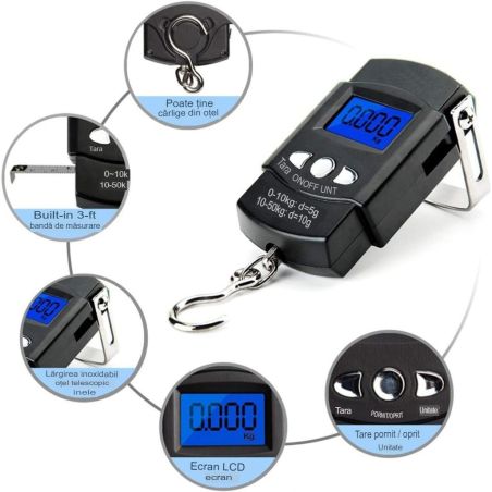 Cantar Digital de Mana cu Carlig, Flippy, Cantar Portabil, Pescuit, cu Maner, Capacitate 50 kg, cu Metru Incorporat, 20.5 x 6 x 
