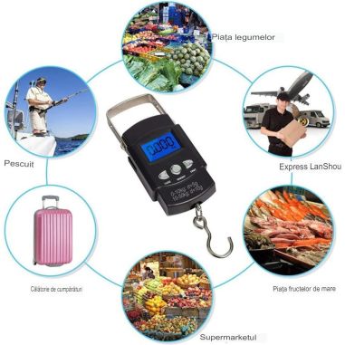 Cantar Digital de Mana cu Carlig, Flippy, Cantar Portabil, Pescuit, cu Maner, Capacitate 50 kg, cu Metru Incorporat, 20.5 x 6 x 