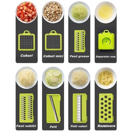 Feliator Multifunctional, Flippy, Razatoare, 8 in 1, pentru Fructe si Legume, 10 Piese, Lame de Inox, Recipient Stocare, Separat