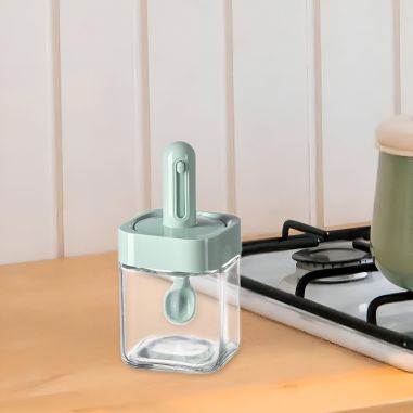 Recipient pentru Depozitarea Condimentelor, Flippy, Borcan din Sticla, Capac si Lingura Incorporate, Uz Casnic, 300 ml, 7.1x7.1x