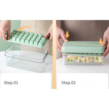 Set Cutie pentru Gheata, Flippy, Uz Casnic, Doua Tavite pentru Cuburi, Capac Etans, Lopata, 23.5x13.3x10 cm, Verde