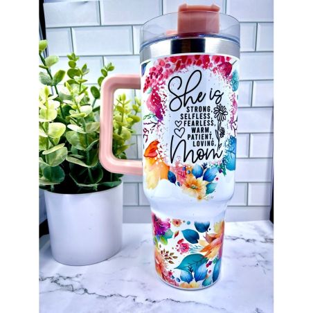 Cana Termos din Plastic, Flippy, pentru Bauturi Calde si Reci, cu Maner, Imprimeu Floral, cu Mesaj pentru Mama, Alb, 10x7.6x27.5