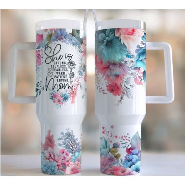 Cana Termos din Plastic, Flippy, pentru Bauturi Calde si Reci, cu Maner, Imprimeu Floral, cu Mesaj pentru Mama, Alb, 10x7.6x27.5