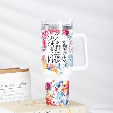 Cana Termos din Plastic, Flippy, pentru Bauturi Calde si Reci, cu Maner, Imprimeu Floral, cu Mesaj pentru Mama, Alb, 10x7.6x27.5