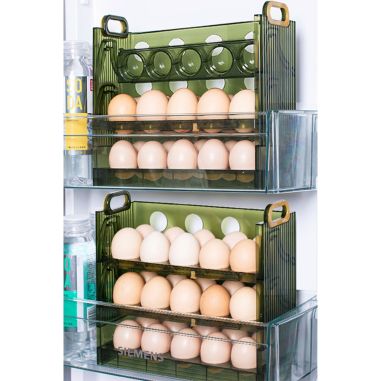 Suport Organizator pentru Oua, Flippy, pentru Frigider, Verde transparent, Capacitate 30 oua, Trei straturi, cu Data de Expirare